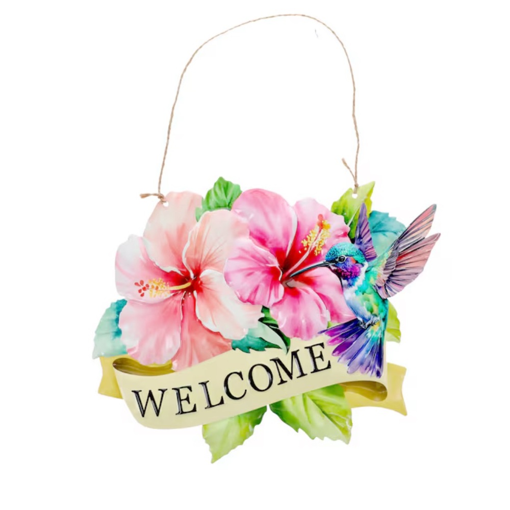 NWT- Hibiscus Floral 🌺 Metal Welcome Sign with Beautiful Hummingbird - Picture 11 of 11